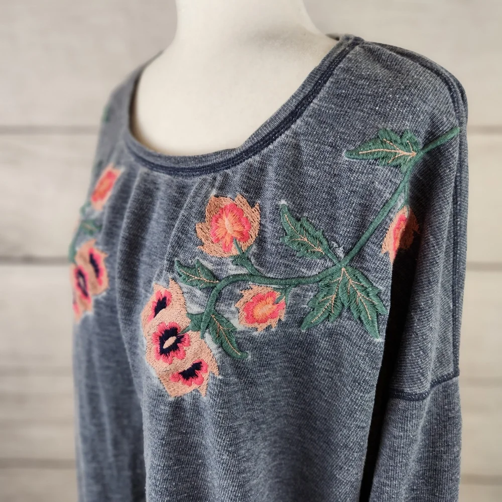 Lucky Brand Distressed Floral Embroidered Scoop Neck Sweater